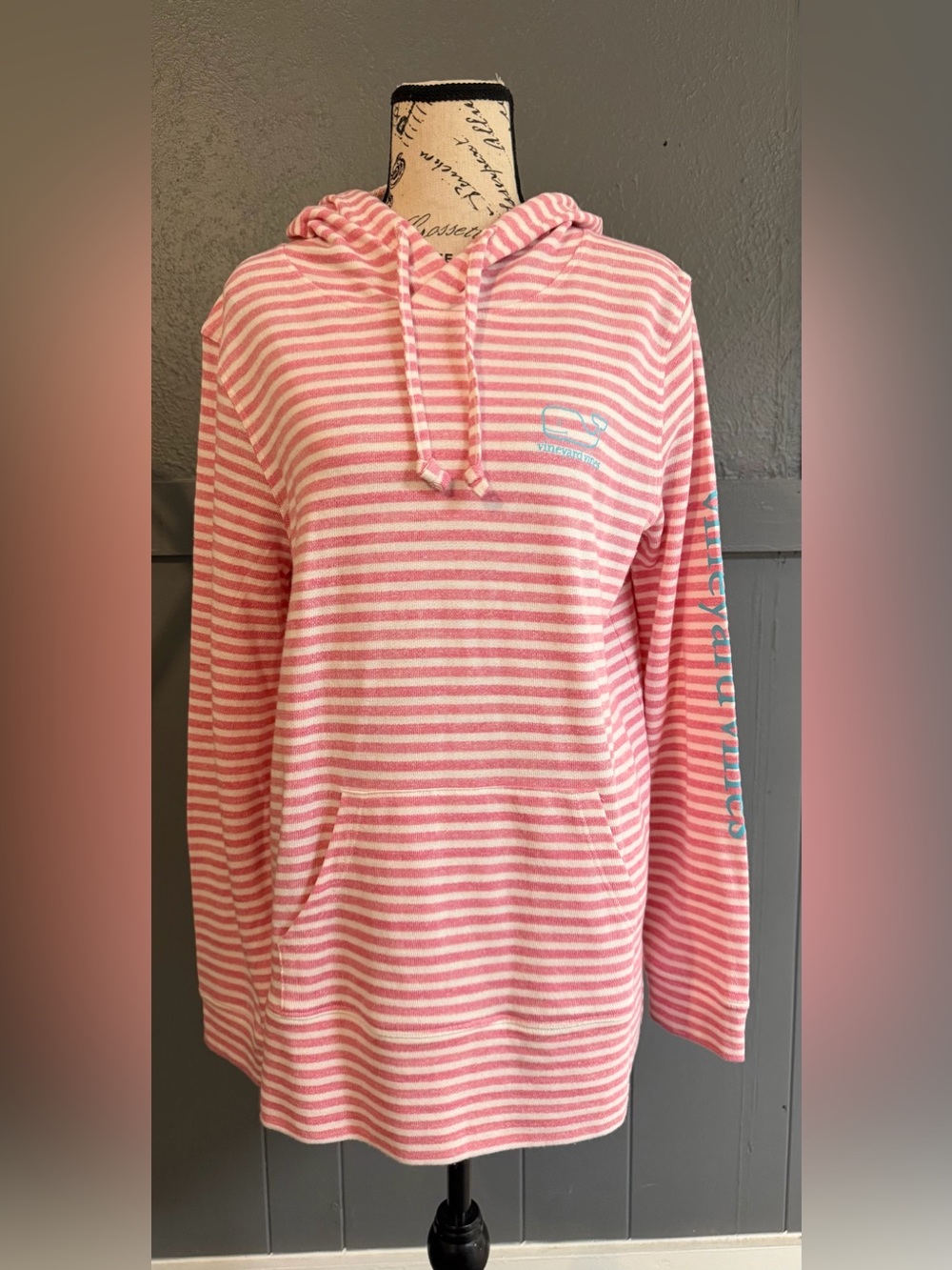 Vineyard Vines Pink & White Striped Hoodie with Script Sleeve